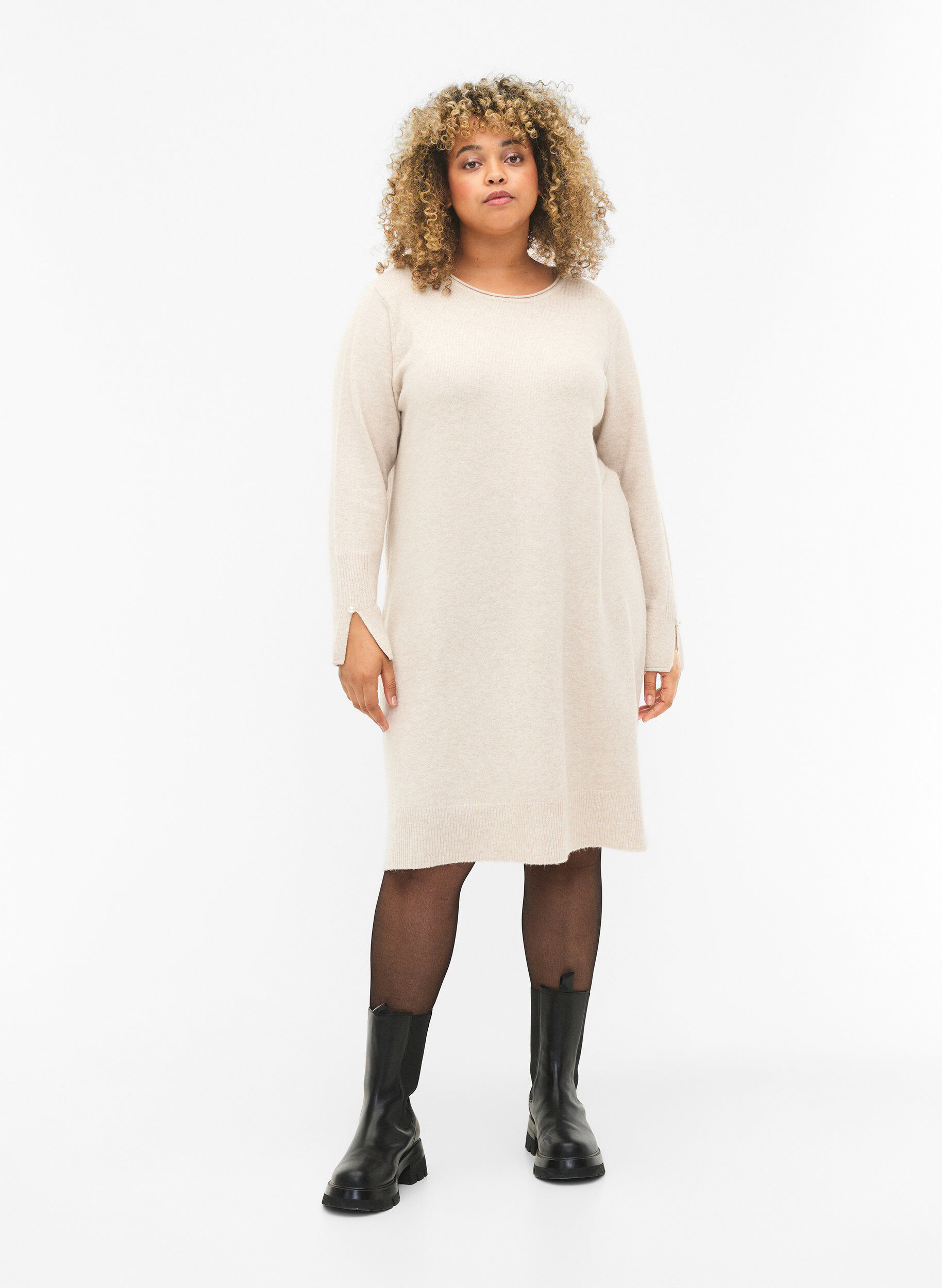 Zizzi Robe en tricot avec fente aux manches, Pumice Stone Mel., Model image number 3