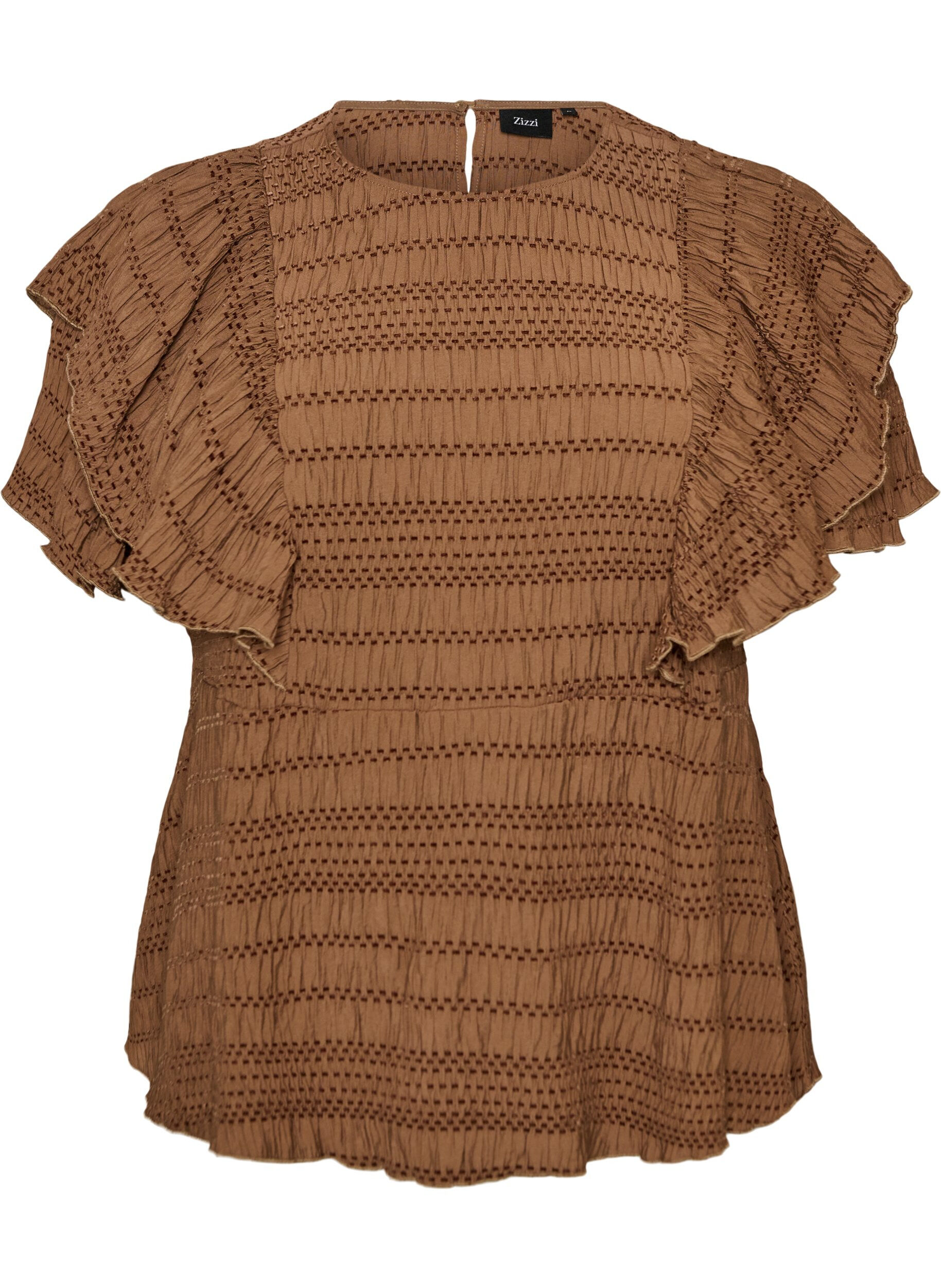 Blouse avec texture smock&eacute;e et manches &agrave; volants