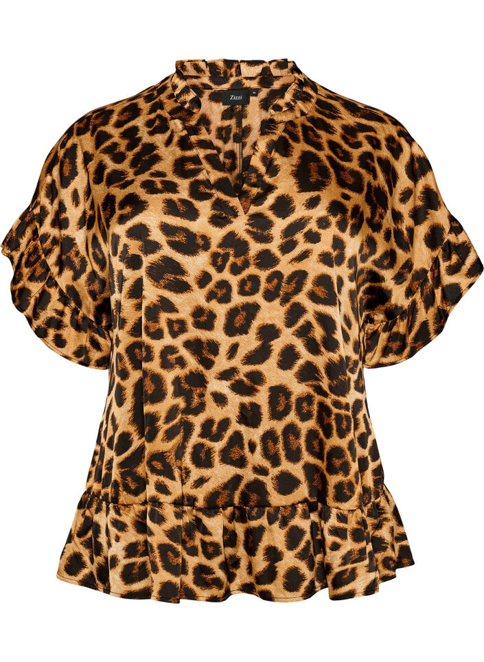 Blouse avec imprim&eacute; l&eacute;opard et volants, Marron, Packshot image number 0