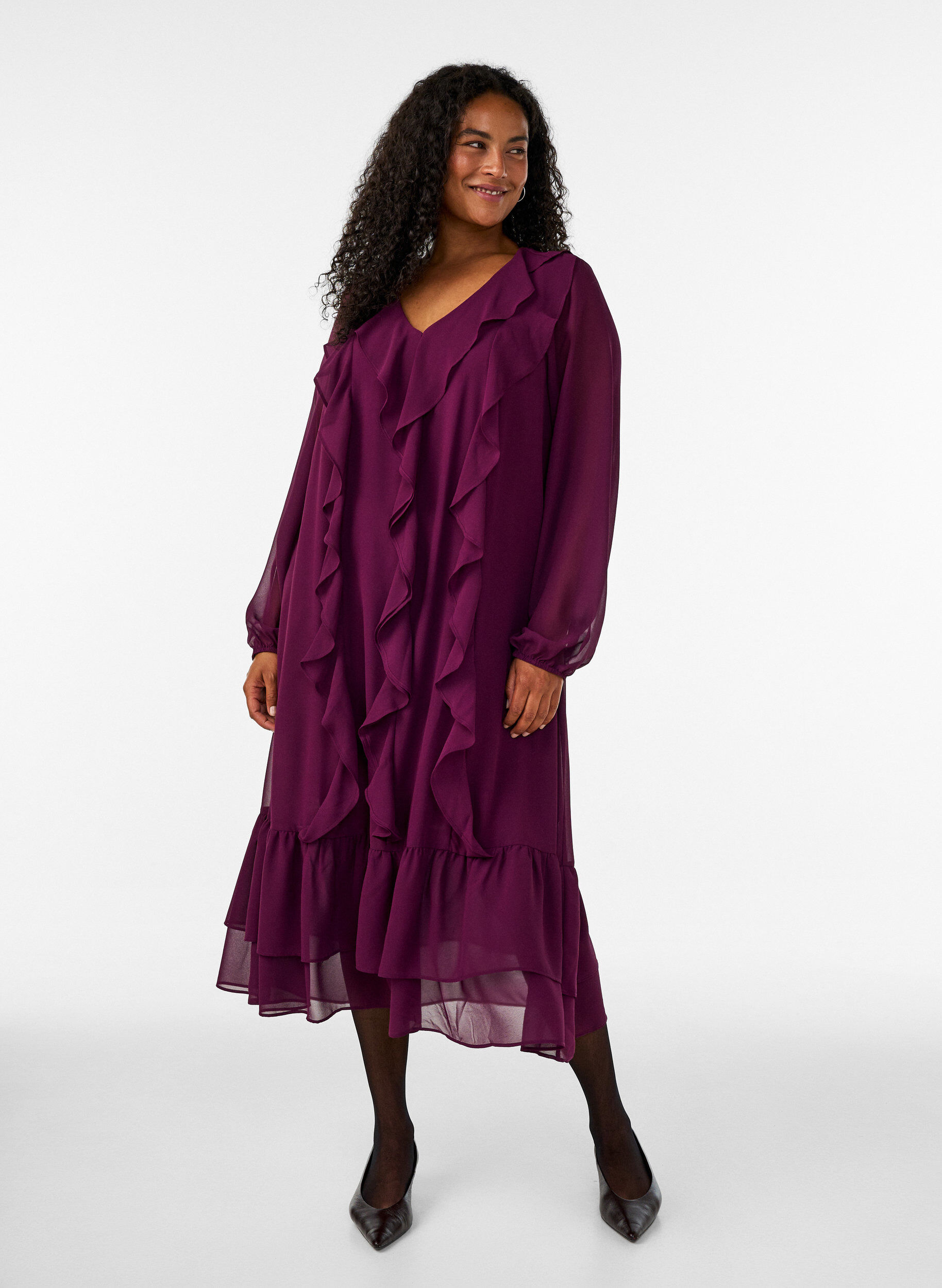 Robe de f&ecirc;te avec volants et d&eacute;collet&eacute; en V, Bordeaux, Model