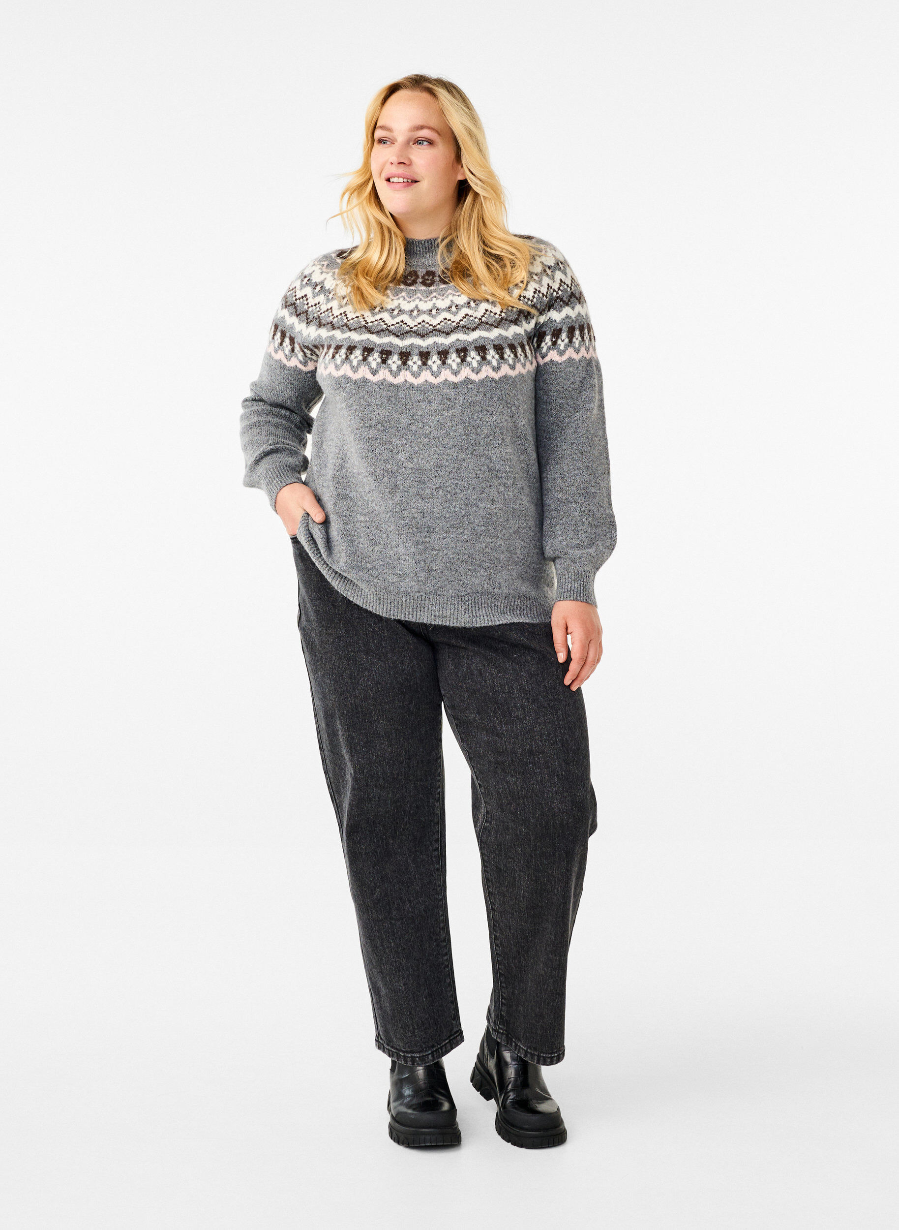 Zizzi Pull tricot&eacute; &agrave; motifs et manches longues, Medium Grey Comb, Model image number 2