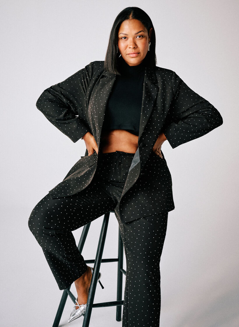 Pantalon taille haute avec des strass, Noir, Image image number 0