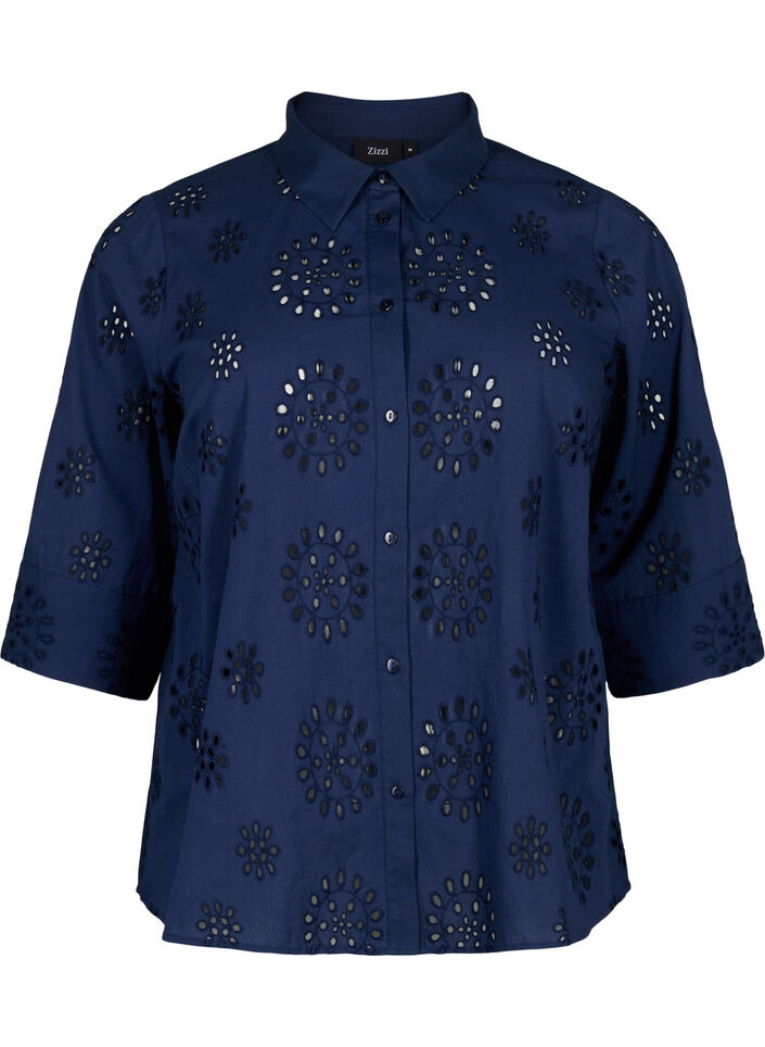 Chemisier avec broderie anglaise et manches 3/4, Navy Blazer, Packshot image number 0