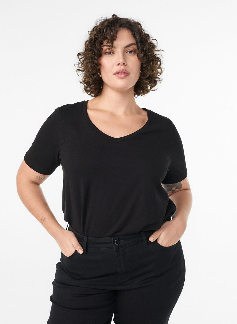 T-shirt en coton uni basique, Noir, Model image number 0