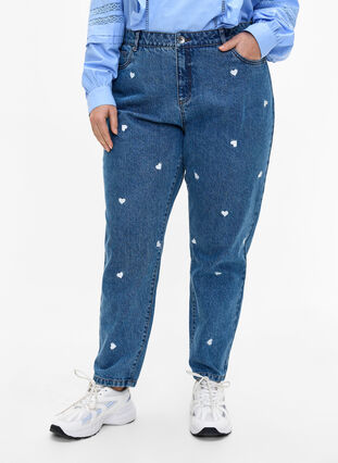 Jeans Mille coupe Mom avec broderies, Light Blue Heart, Model image number 2