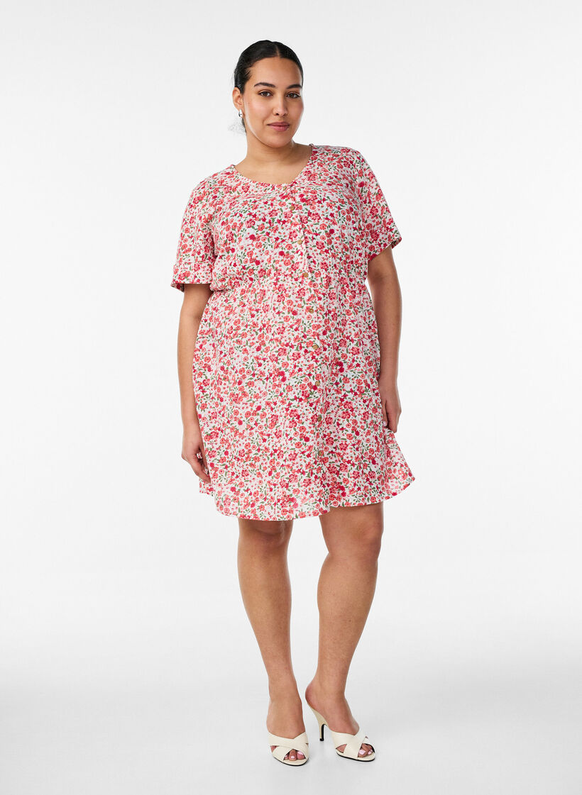 Robe courte en coton &agrave; imprim&eacute; floral, Rouge, Model image number 1