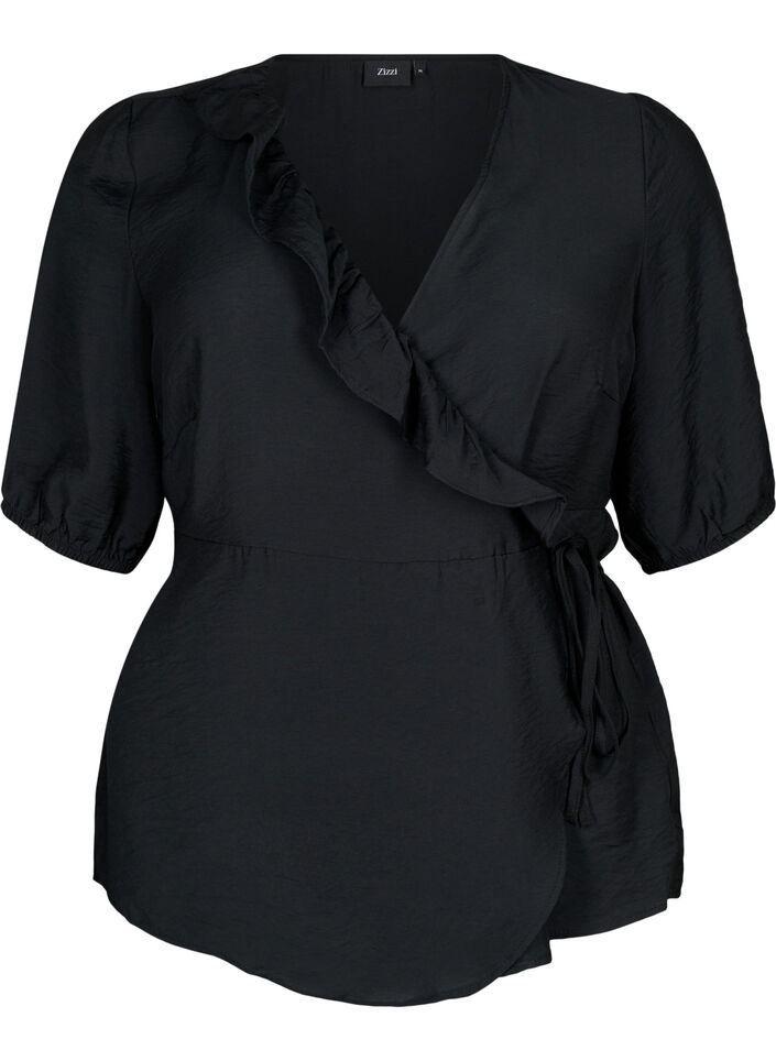 Blouse cache-cœur en viscose avec manches mi-longues, Black, Packshot image number 0