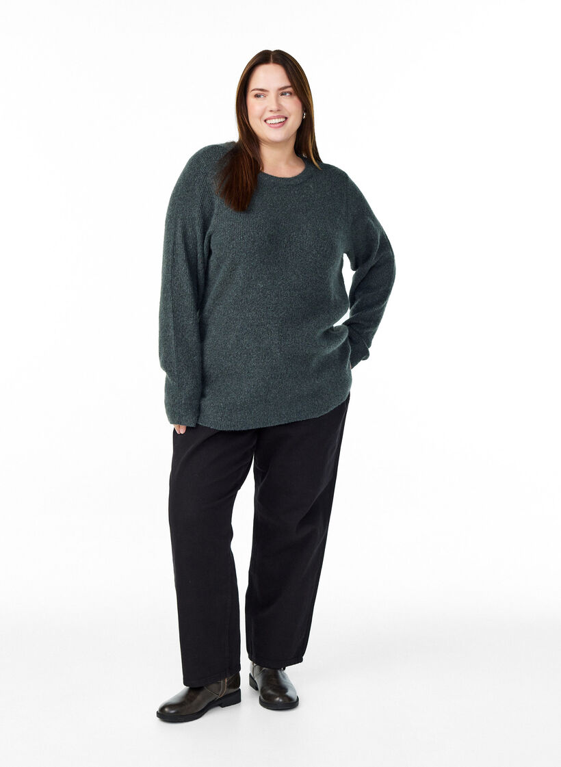 Blouse en maille chinée à col rond, Vert foncé, Model image number 1