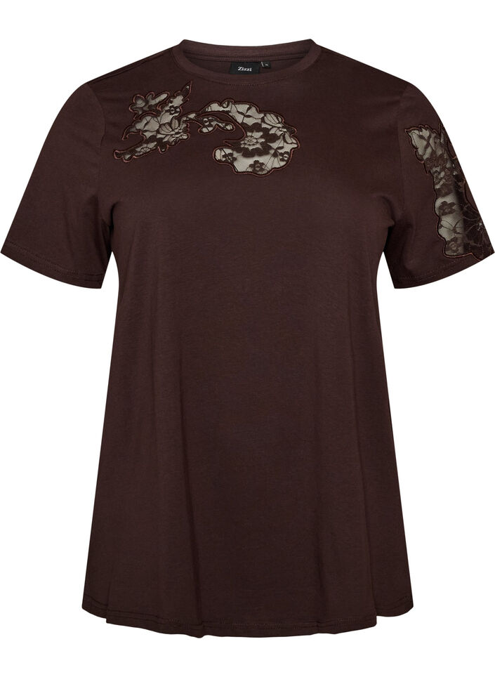 T-shirt en coton avec appliqu&eacute;s en dentelle, Marron, Packshot image number 0