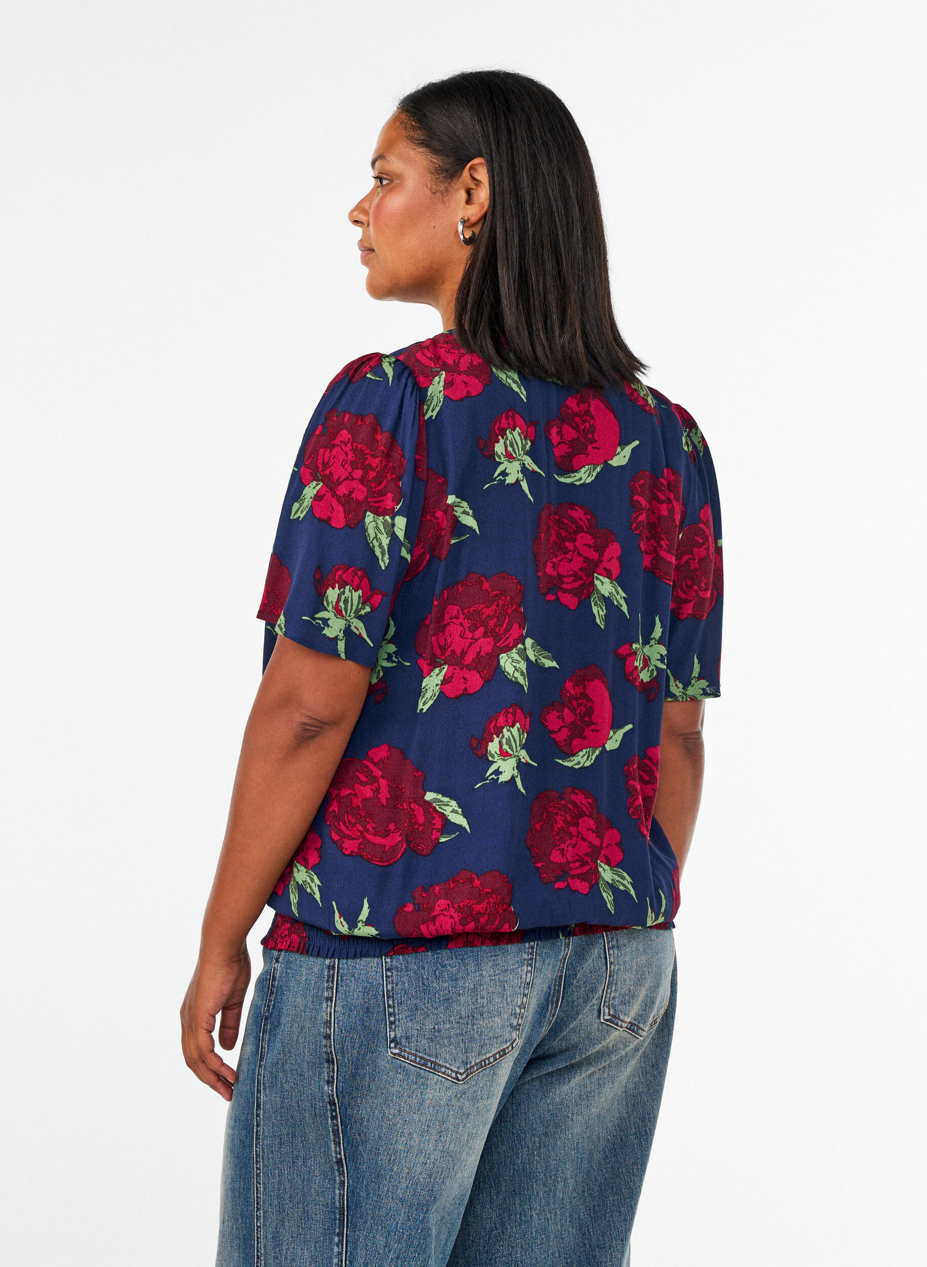 ZizziBlouse en viscose avec imprim&eacute; floral et coupe ballon, Bleu, Model image number 2