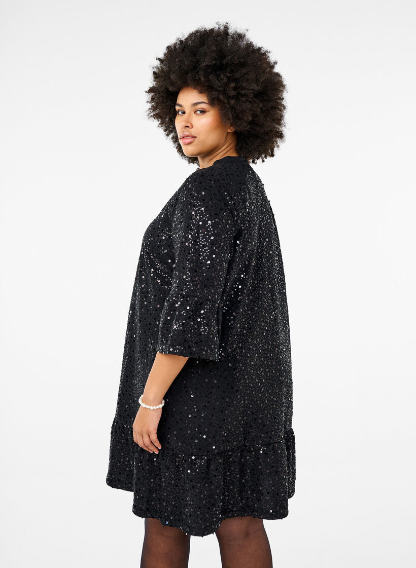 Robe à paillettes avec col en V et manches 3/4, Black w. Bl. Sequins, Model image number 1