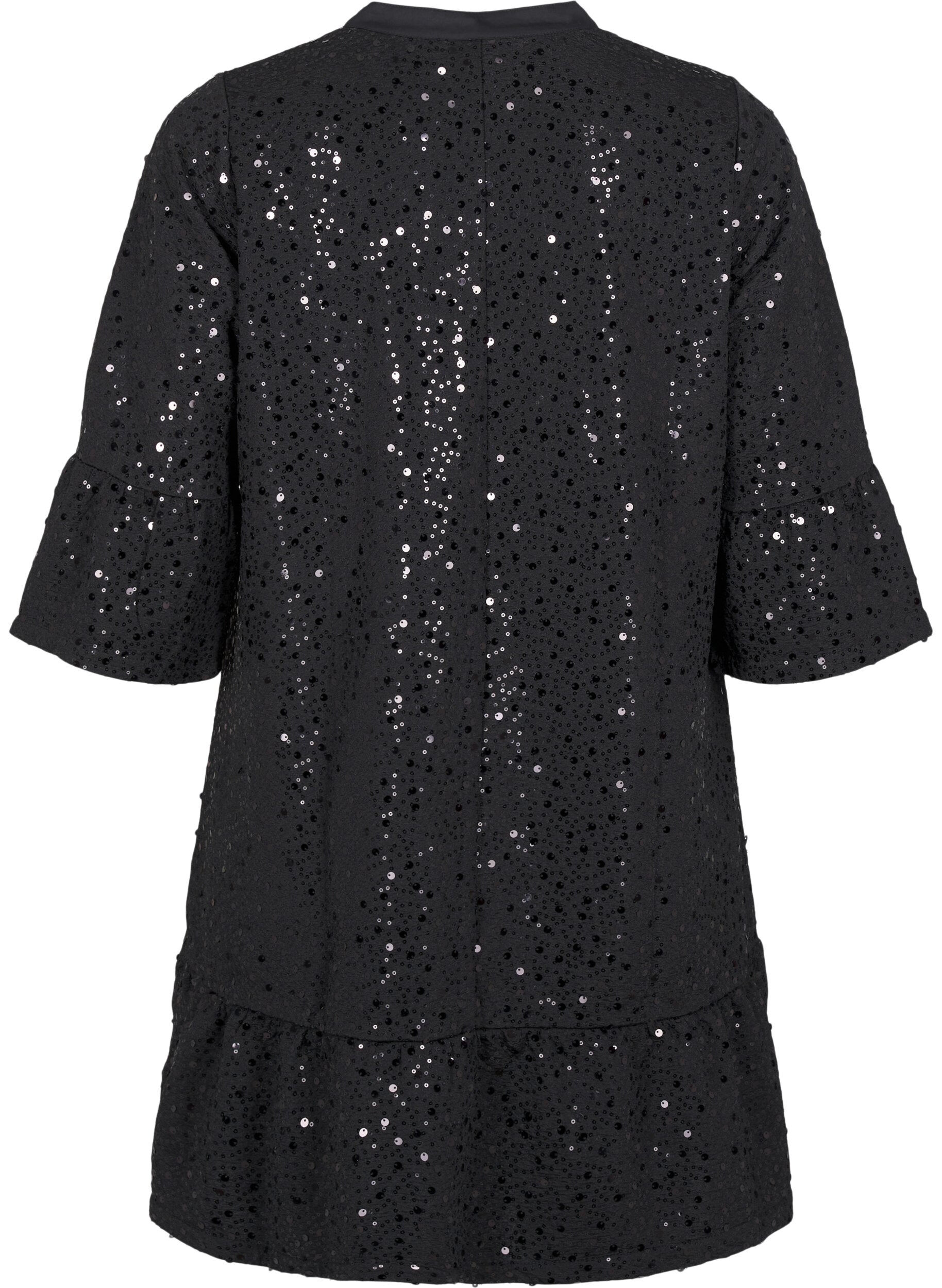 Zizzi Robe &agrave; paillettes avec col en V et manches 3/4, Black w. Bl. Sequins, Packshot image number 1