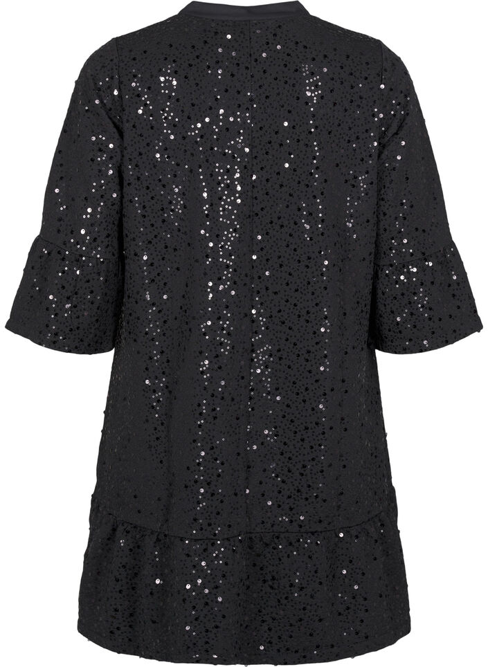 Robe à paillettes avec col en V et manches 3/4, Black w. Bl. Sequins, Packshot image number 1