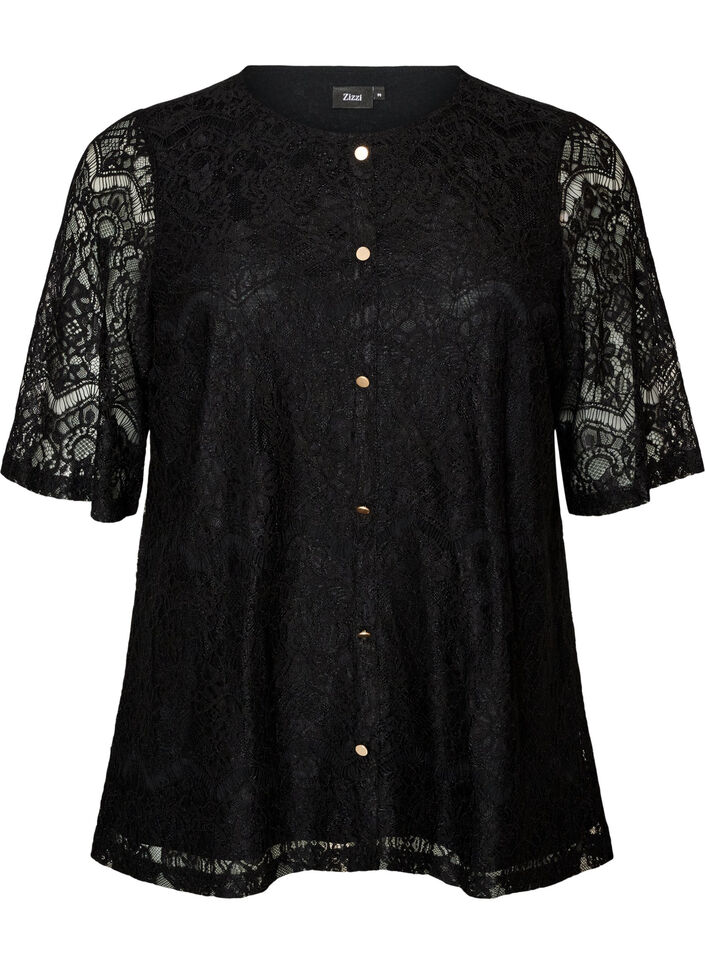 Blouse en dentelle avec boutons d&eacute;coratifs, Noir, Packshot image number 0