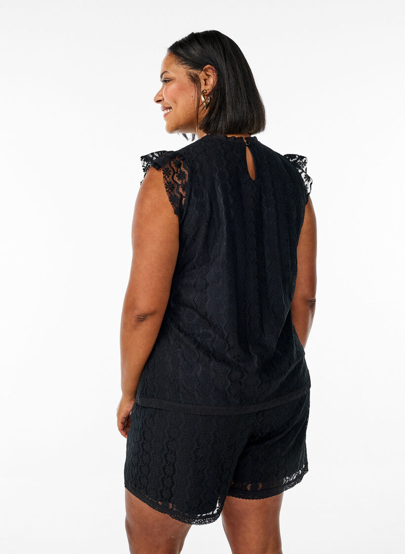Top en dentelle avec détails volantés, Noir, Model image number 2