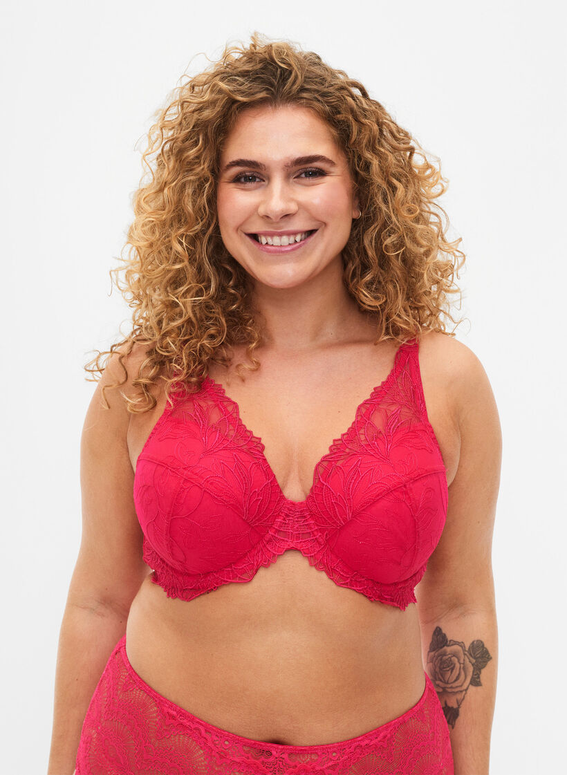Soutien-gorge en dentelle rembourré avec armature, Rose, Model image number 0