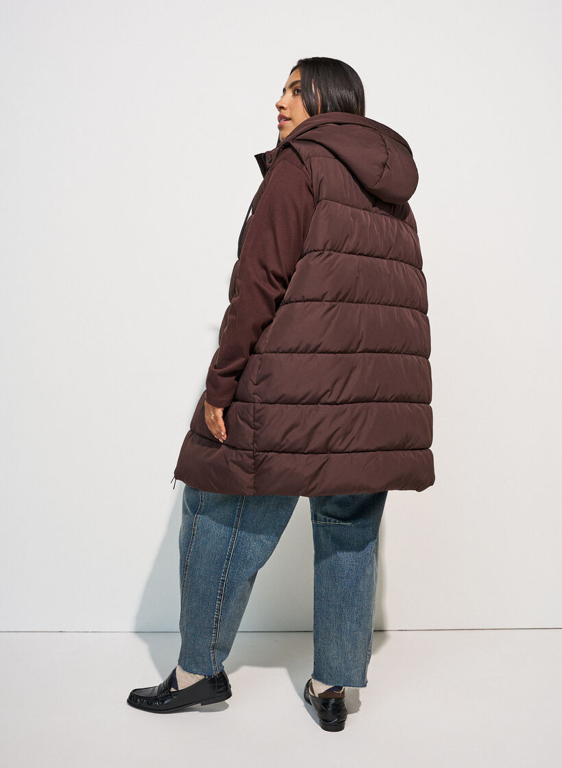 Gilet long avec capuche et poches, Marron, Model image number 1
