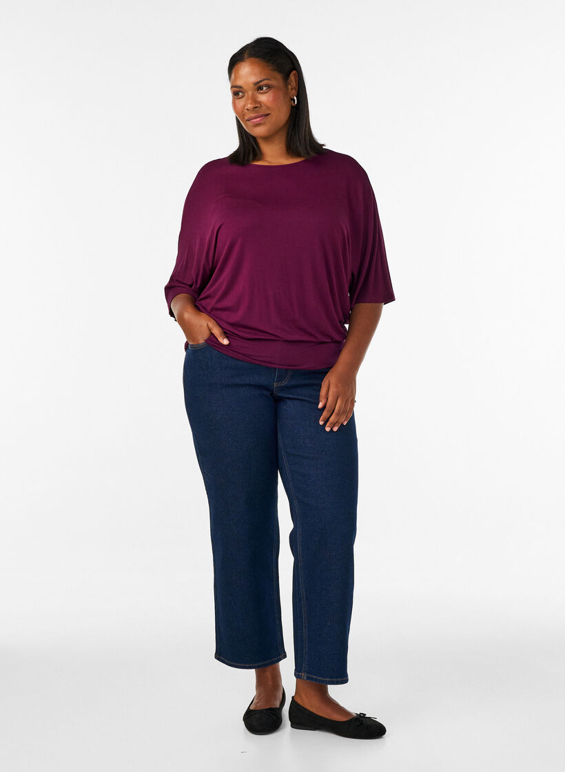 Blouse en jersey avec des manches ballon au coude, Violet, Model image number 1