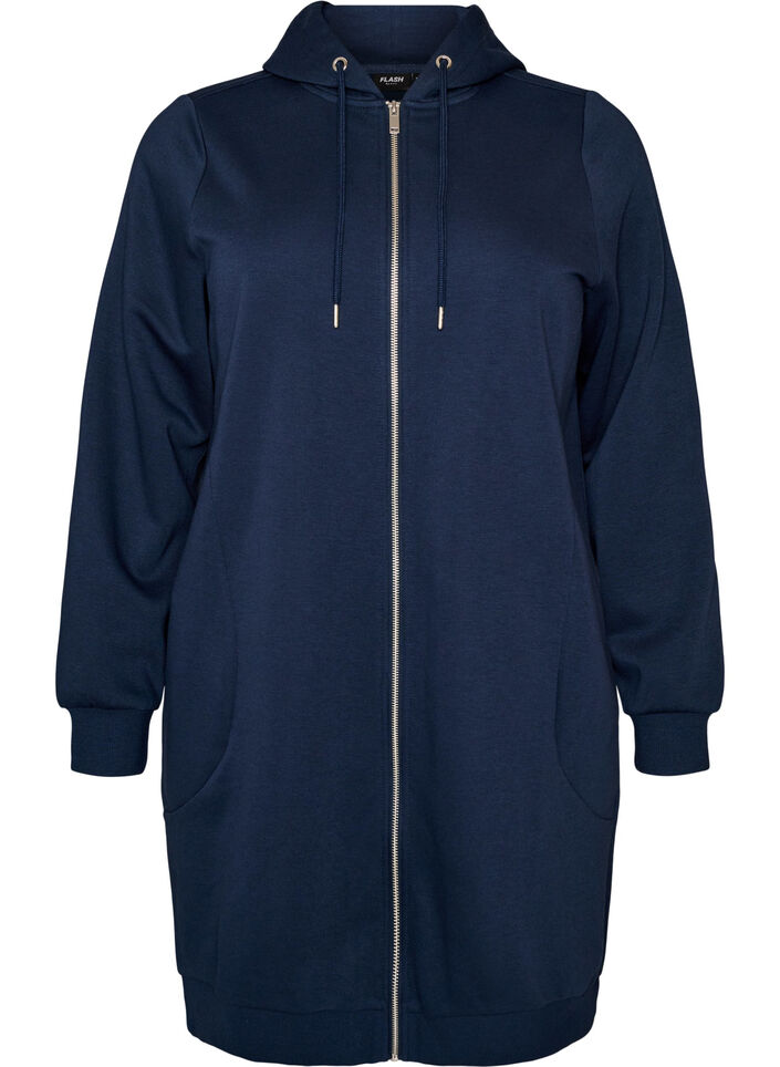 Sweat &agrave; capuche long avec zip et poches, Bleu, Packshot image number 0