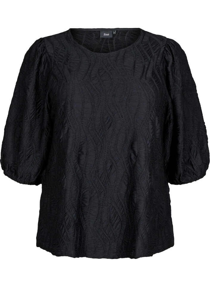Chemisier avec texture et manches 3/4, Noir, Packshot image number 0