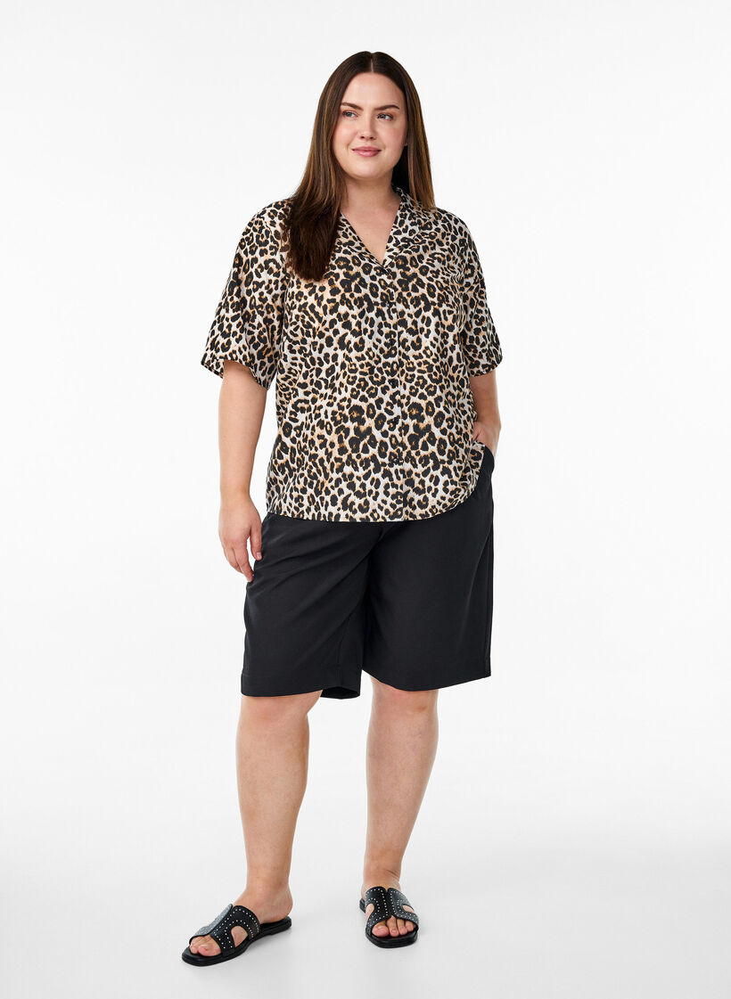 Chemisier imprimé à col en V, Marron, Model image number 1