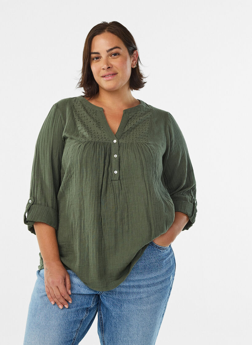 Blouse en mousseline de coton avec broderie anglaise, Vert, Model image number 0