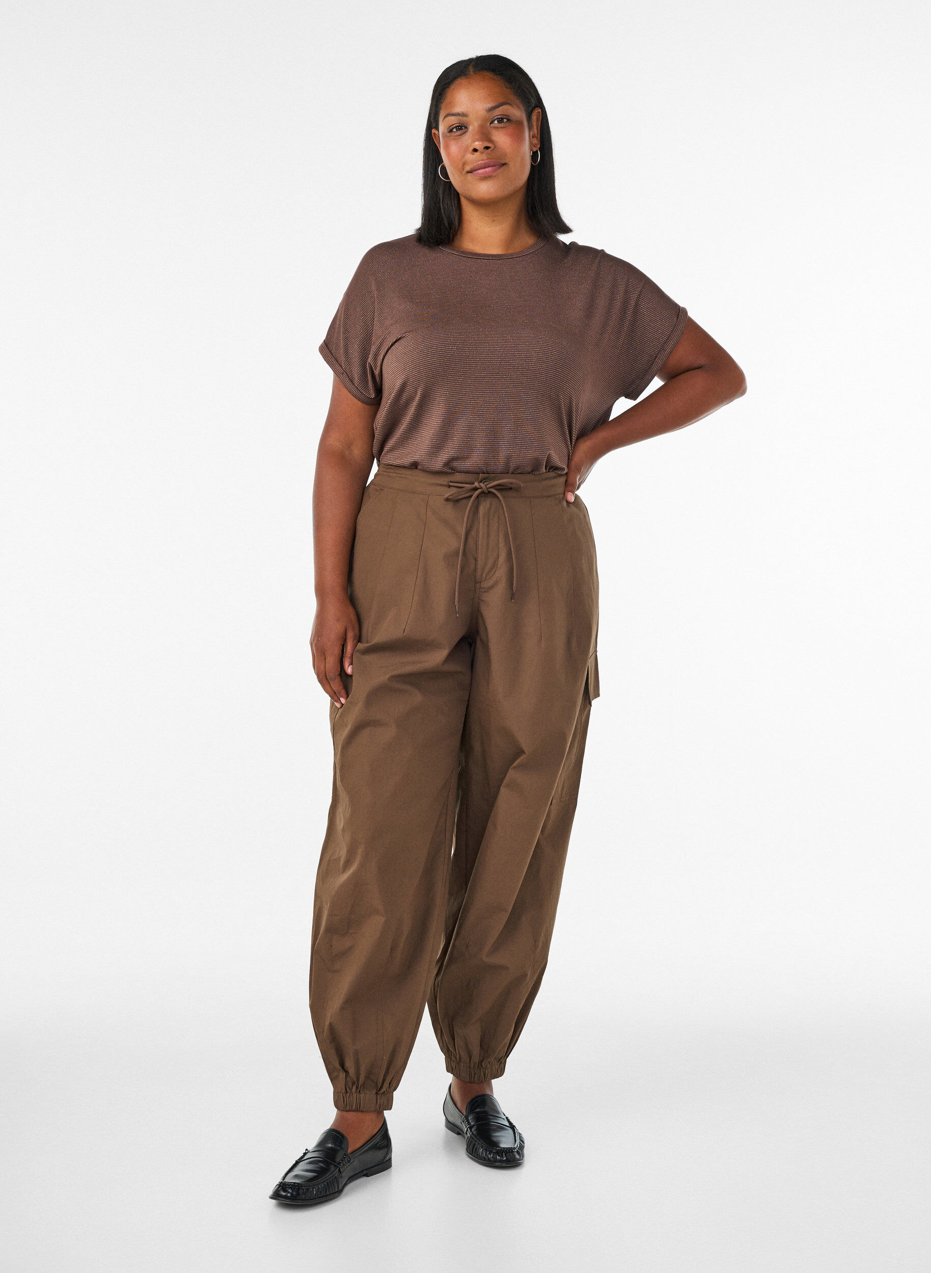 ZizziT-shirt en viscose &agrave; rayures paillet&eacute;es, Marron, Model image number 1