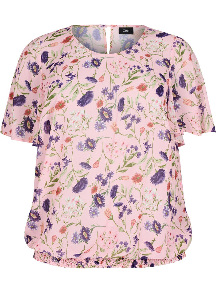 Blouse fleurie &agrave; manches courtes et smocks, Rose, Packshot image number 0