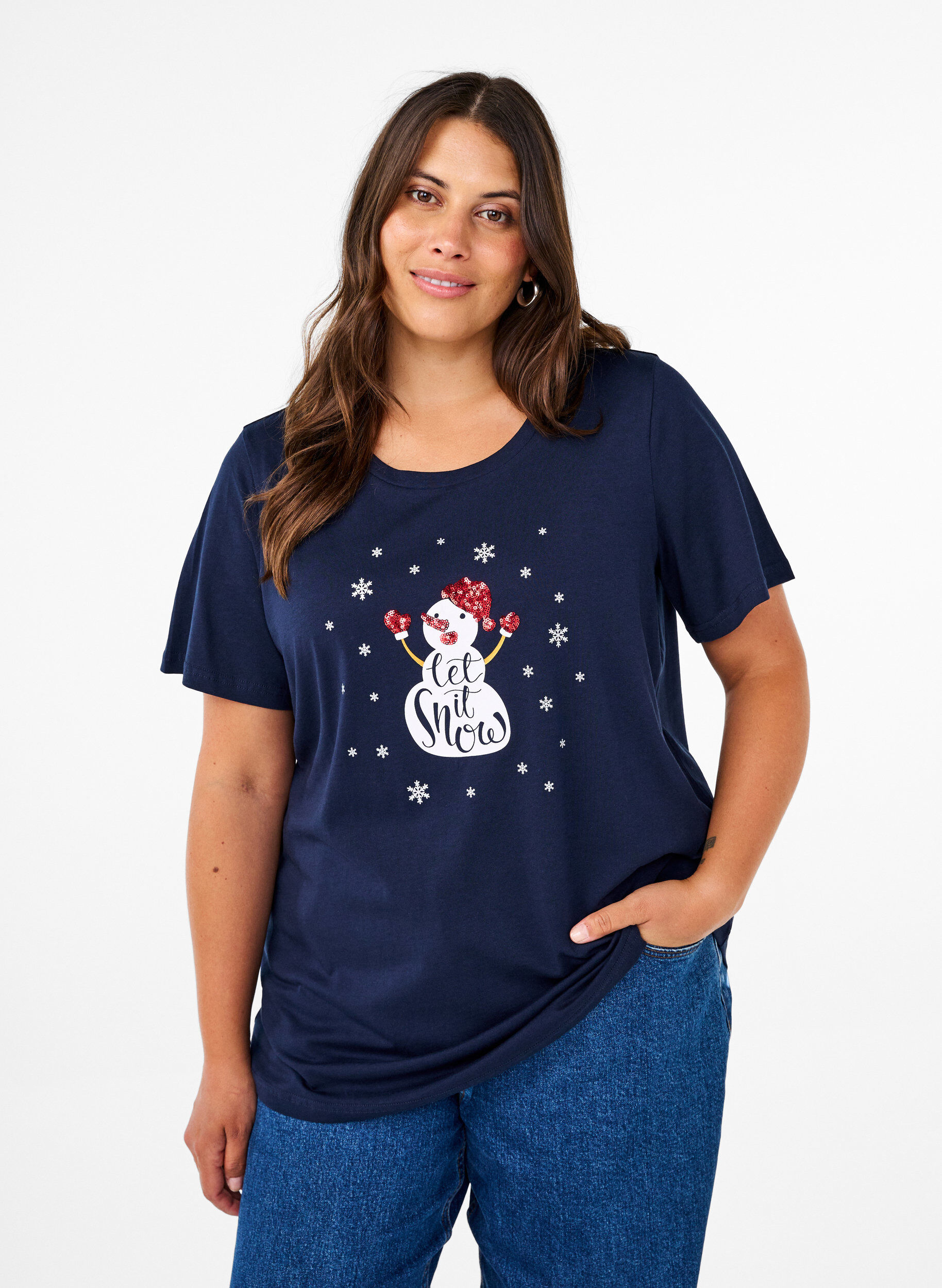 Zizzi T-shirts de No&euml;l en 100 % coton, Navy B. w. LetItSnow, Model image number 0