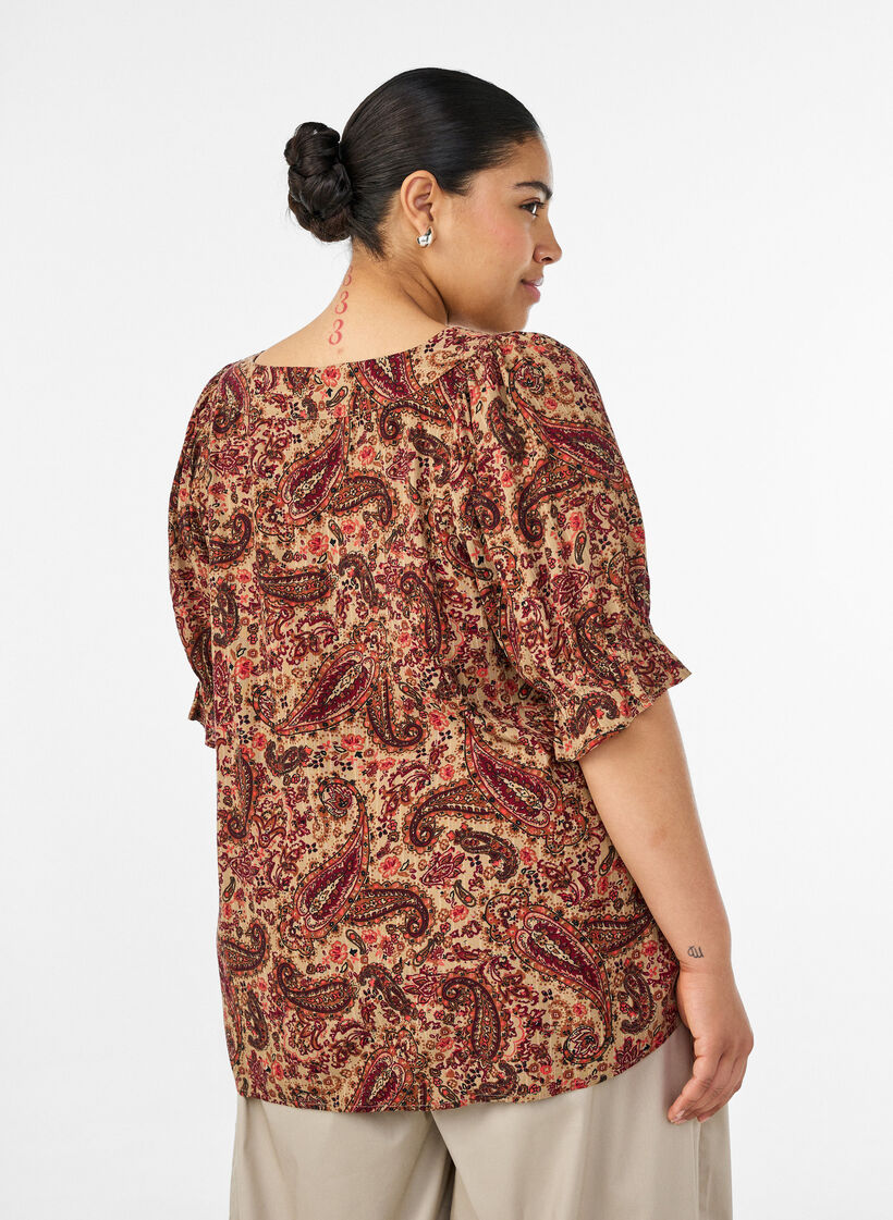 Chemisier en viscose avec imprim&eacute; paisley et encolure carr&eacute;e, Marron, Model image number 2