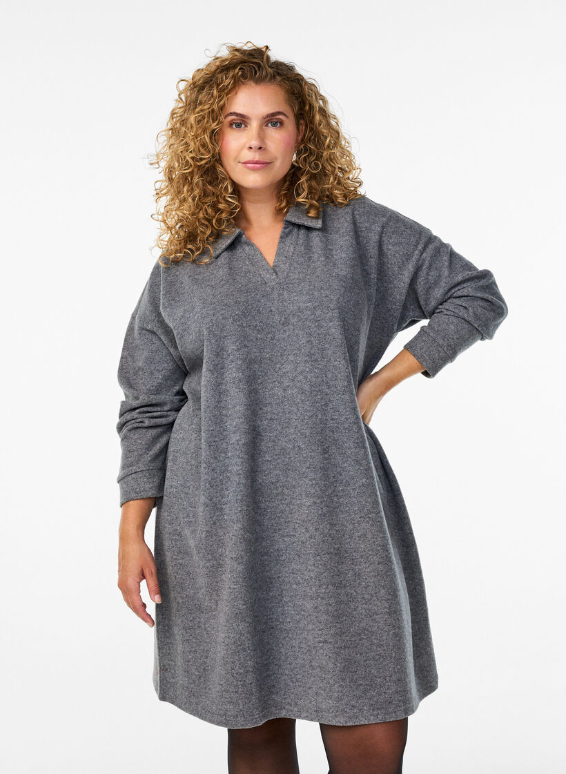 Robe mi-longue en jersey avec un col en V, Gris anthracite, Model image number 1