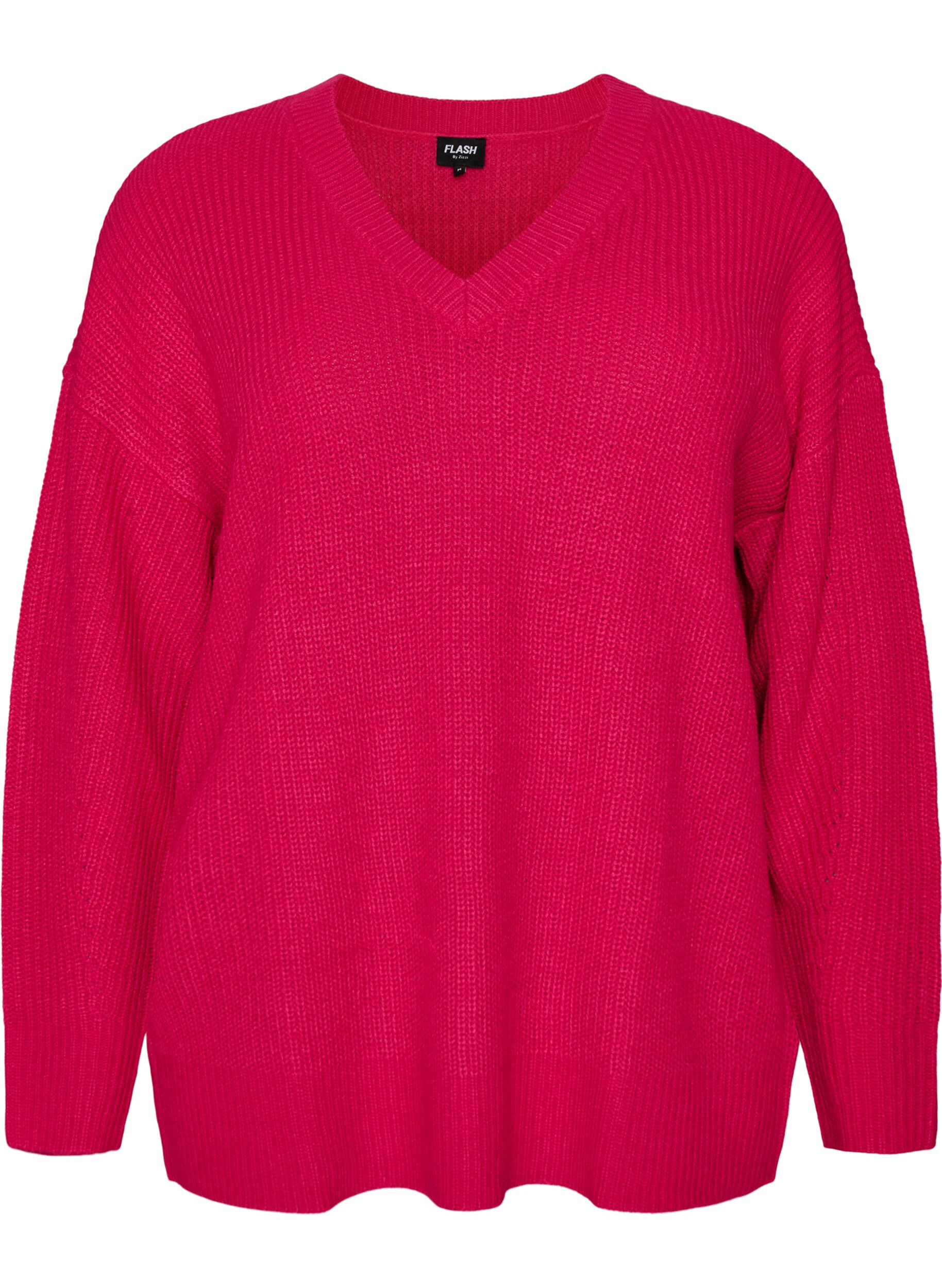 ZizziBlouse longue en maille c&ocirc;tel&eacute;e avec col en V, Rose, Packshot image number 0