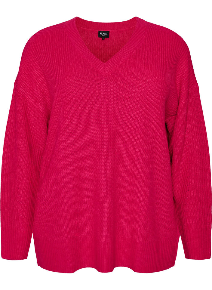 Blouse longue en maille c&ocirc;tel&eacute;e avec col en V, Rose, Packshot image number 0