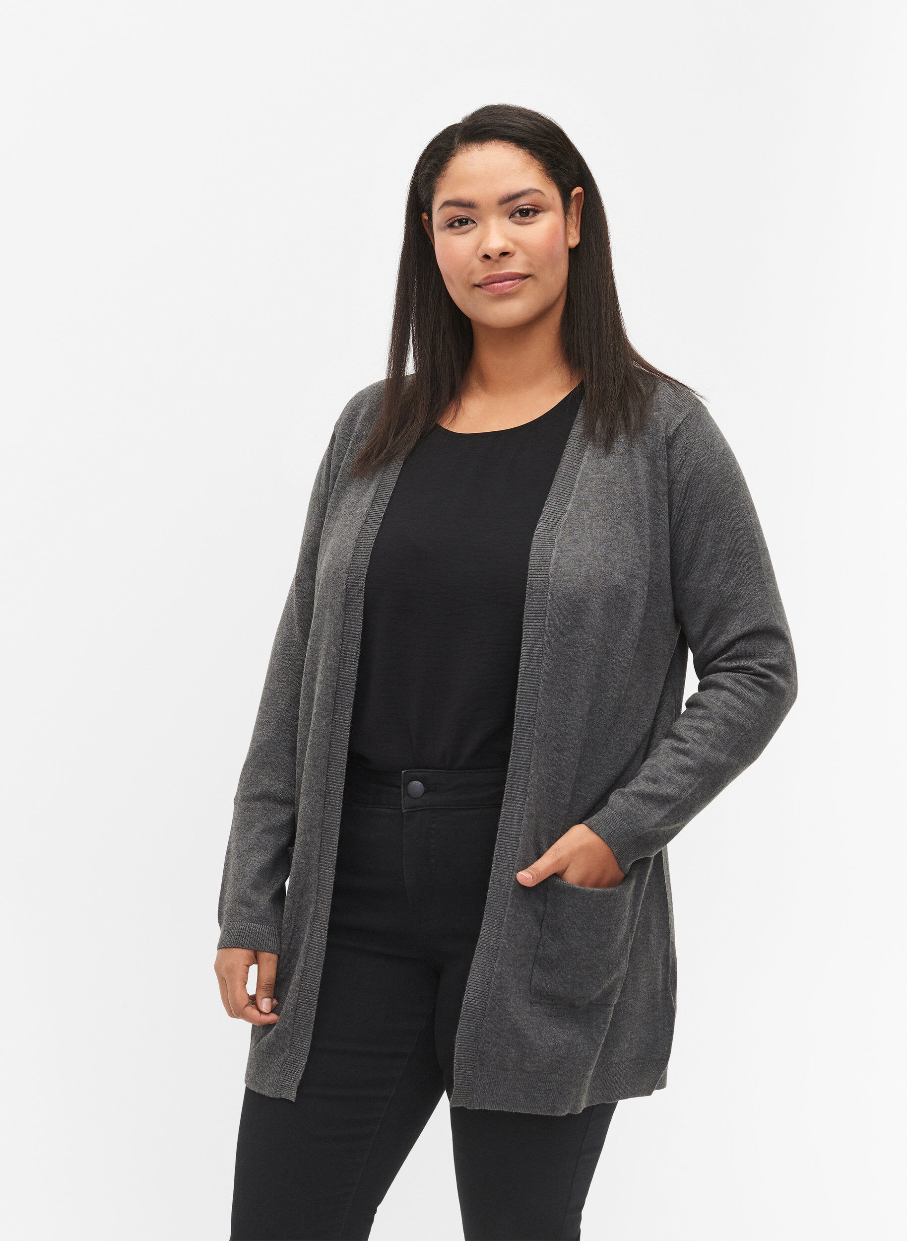Zizzi Long cardigan tricot&eacute; en m&eacute;lange de viscose, Gris anthracite, Model image number 0
