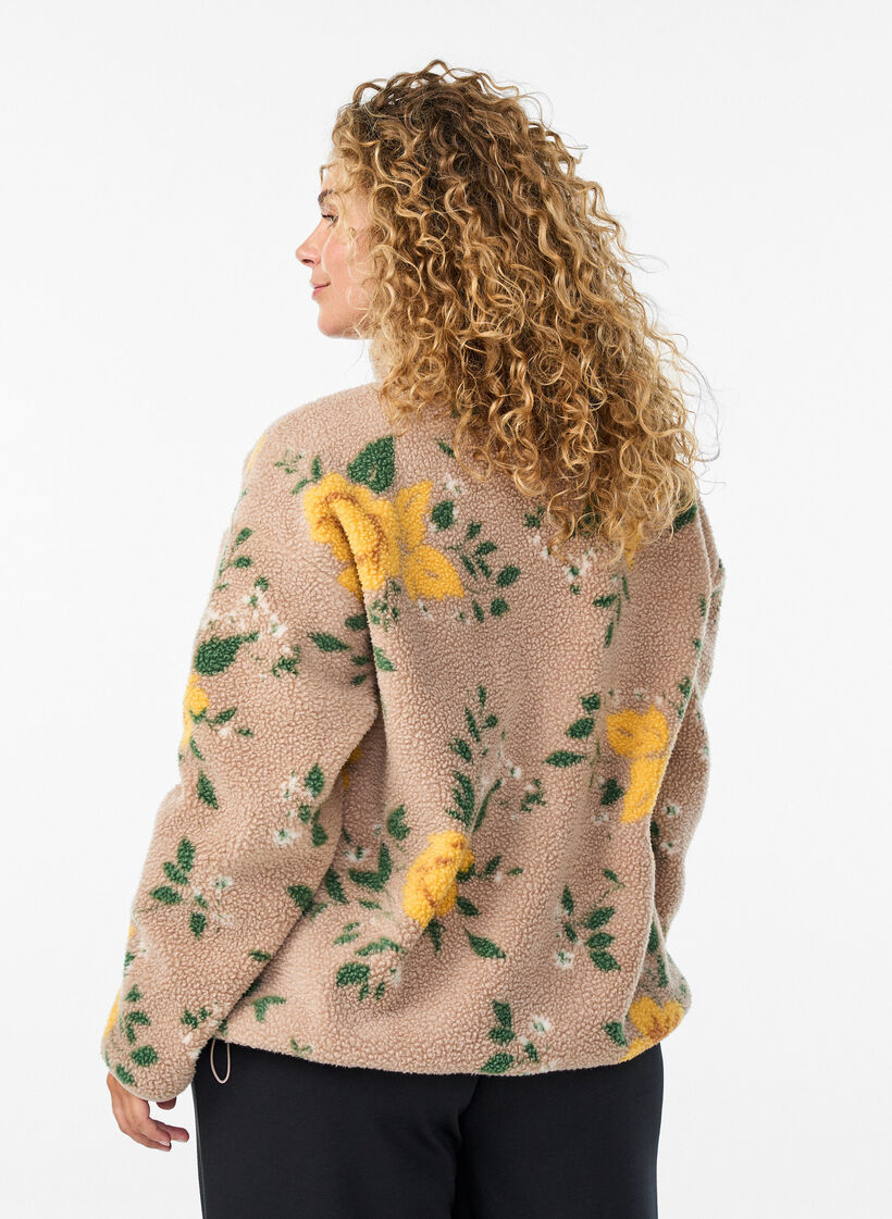 Veste en polaire &agrave; motif floral avec col montant et fermeture zipp&eacute;e, Beige, Model image number 2