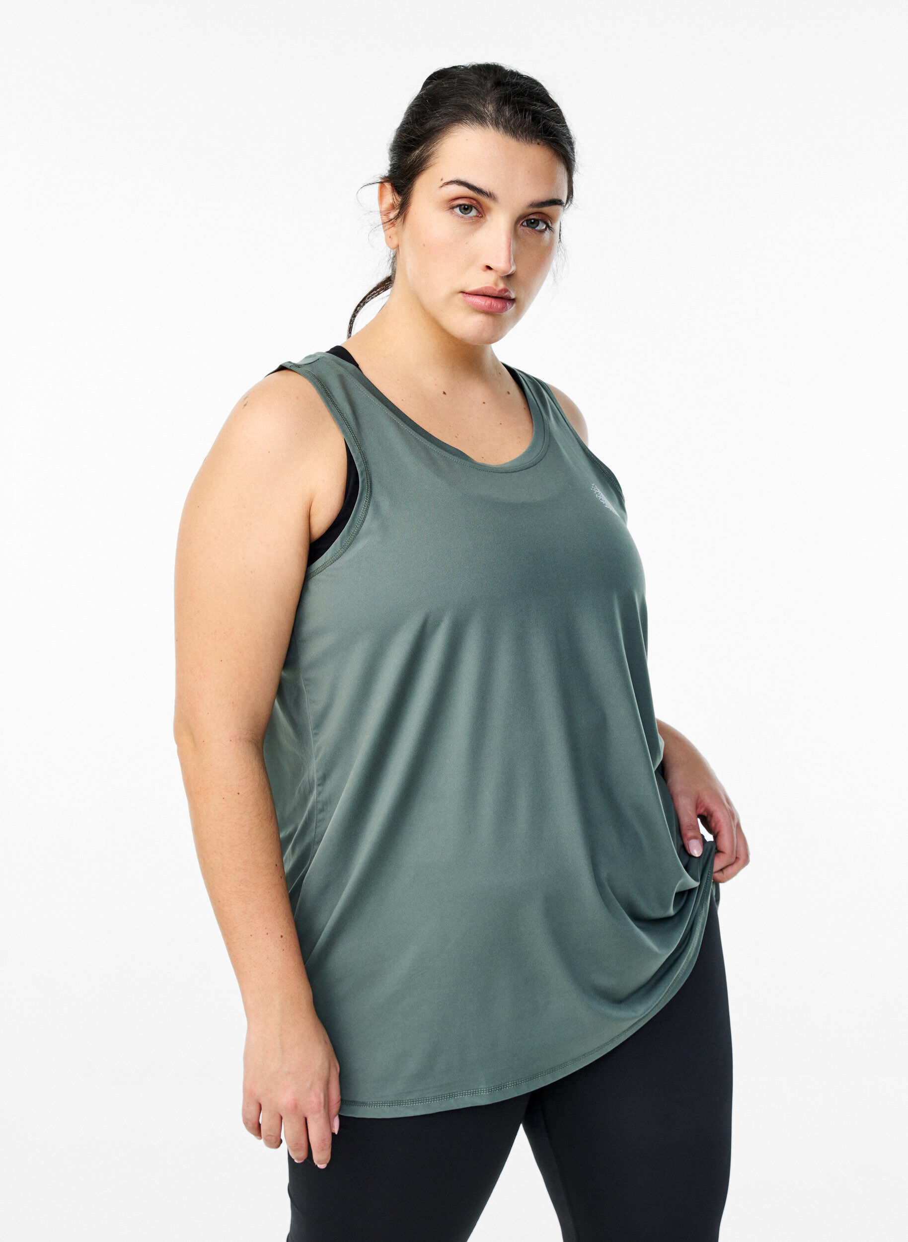 Haut de sport de couleur unie avec un col rond, Vert fonc&eacute;, Model