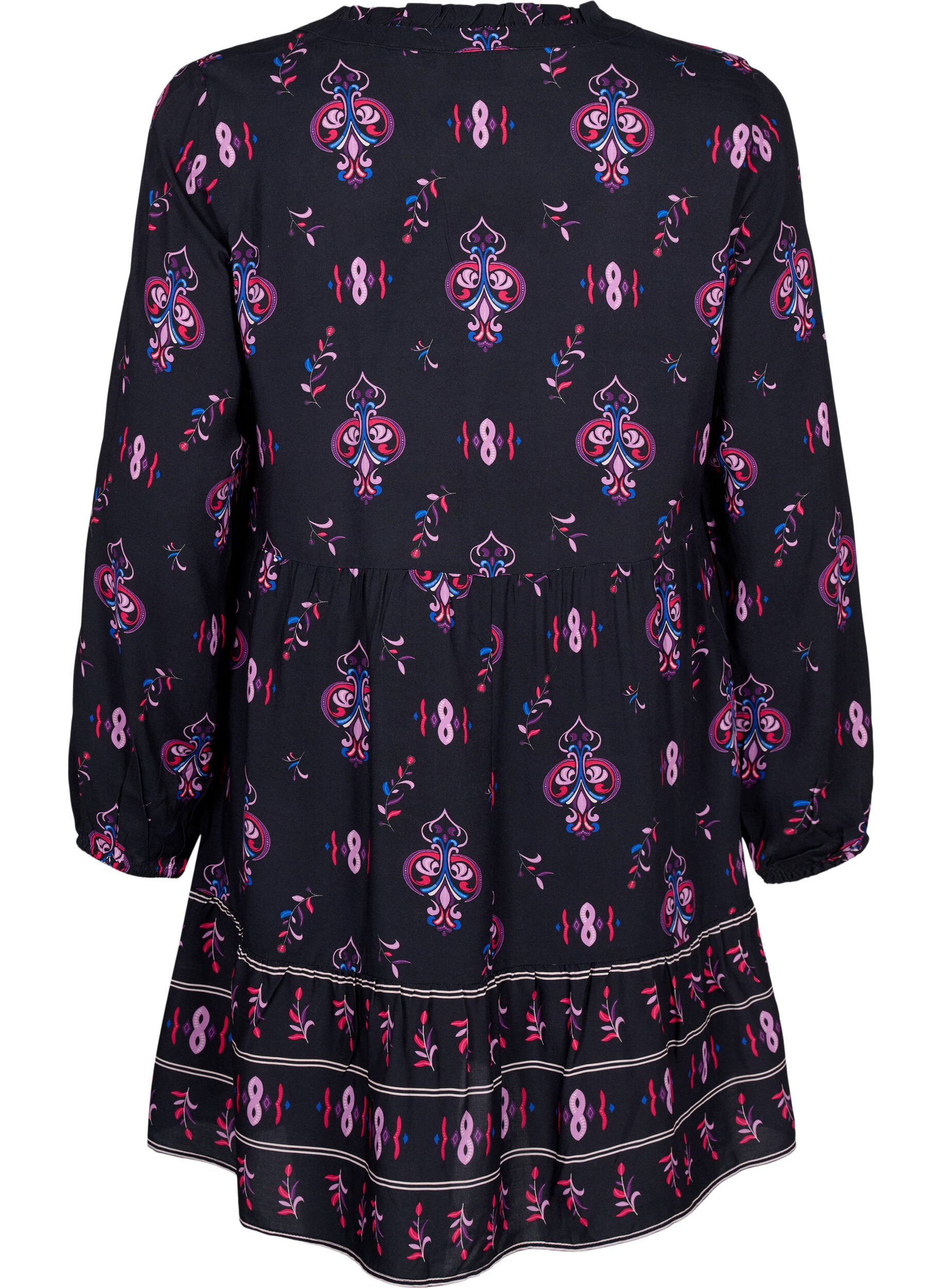 Zizzi Robe &agrave; manches longues en viscose avec imprim&eacute;, Black Pink AOP, Packshot image number 1