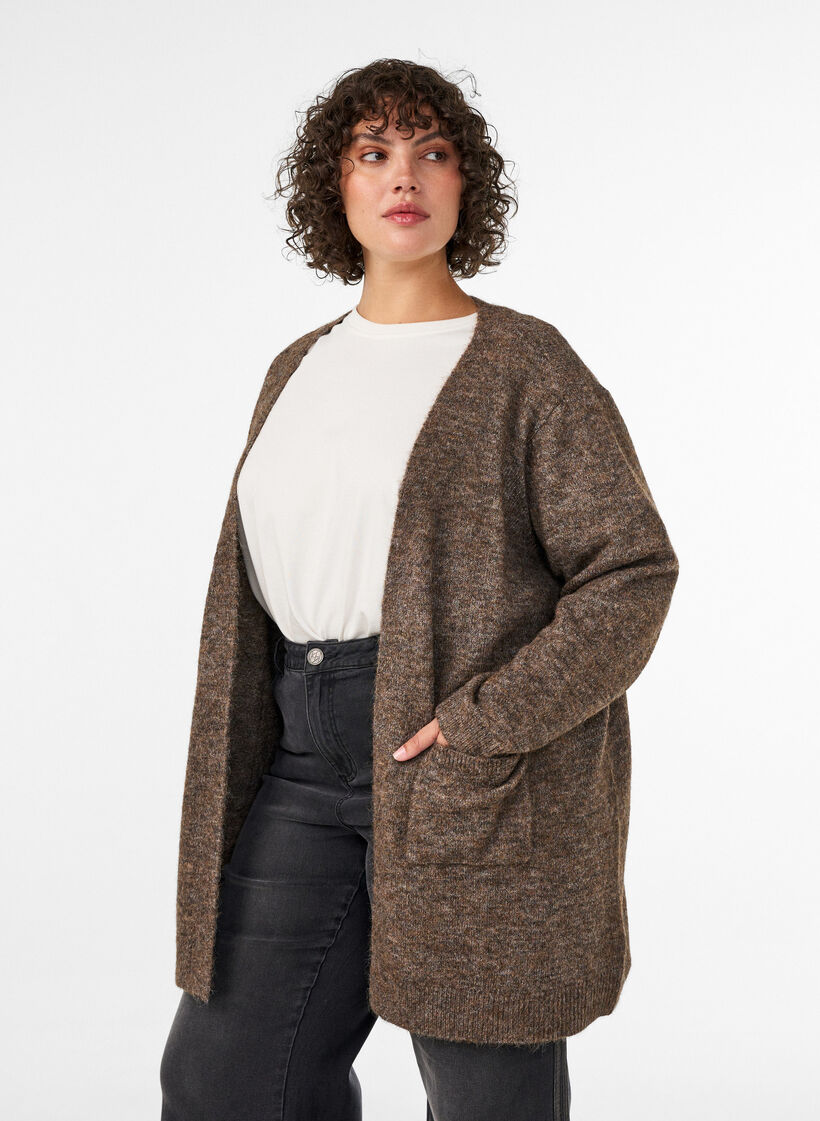 Cardigan long avec poches, Marron, Model image number 0