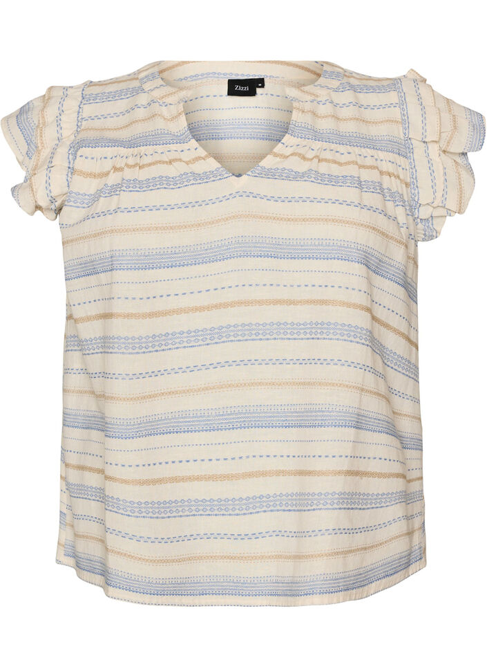 Blouse sans manches avec volants et rayures &agrave; motifs, Vanille, Packshot image number 0