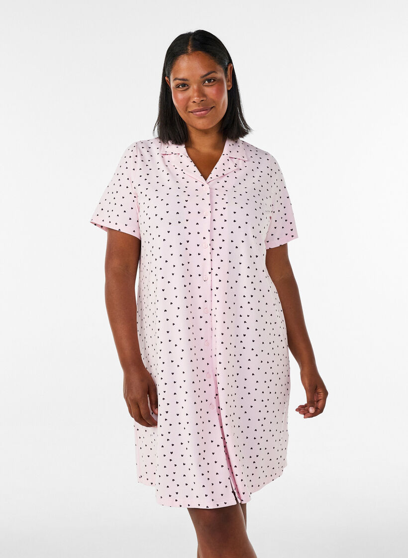 Chemise de nuit en coton &agrave; boutons, Rose, Model image number 0