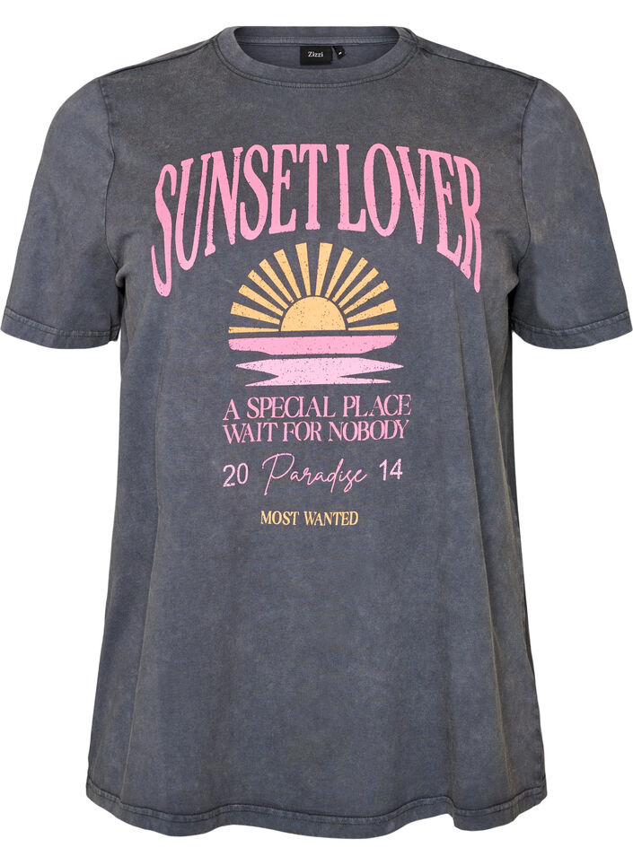 T-shirt en coton avec imprim&eacute; sur le devant et effet d&eacute;lav&eacute;, Gris, Packshot image number 0