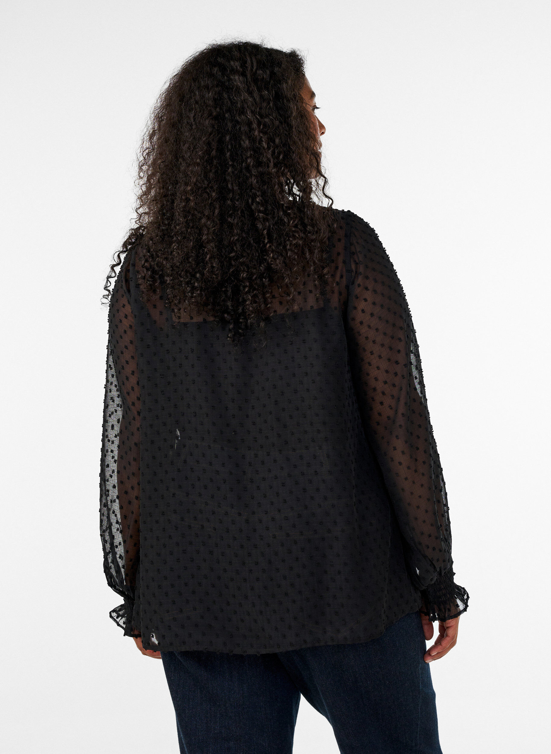 ZizziChemisier avec empi&egrave;cement en dentelle et motif &agrave; pois, Noir, Model image number 2