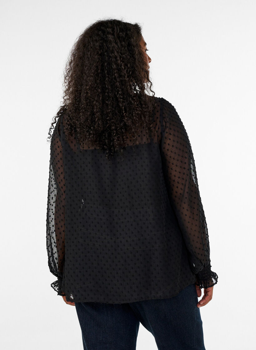 Chemisier avec empi&egrave;cement en dentelle et motif &agrave; pois, Noir, Model image number 2