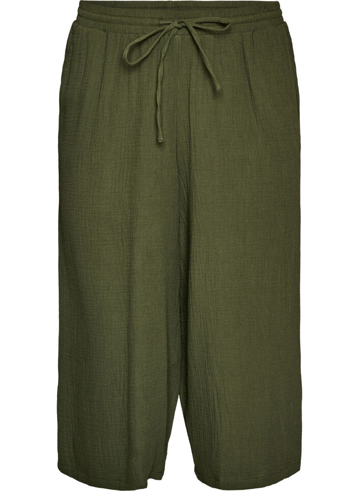 Pantalon culotte en mousseline de coton avec taille haute, Vert, Packshot image number 0