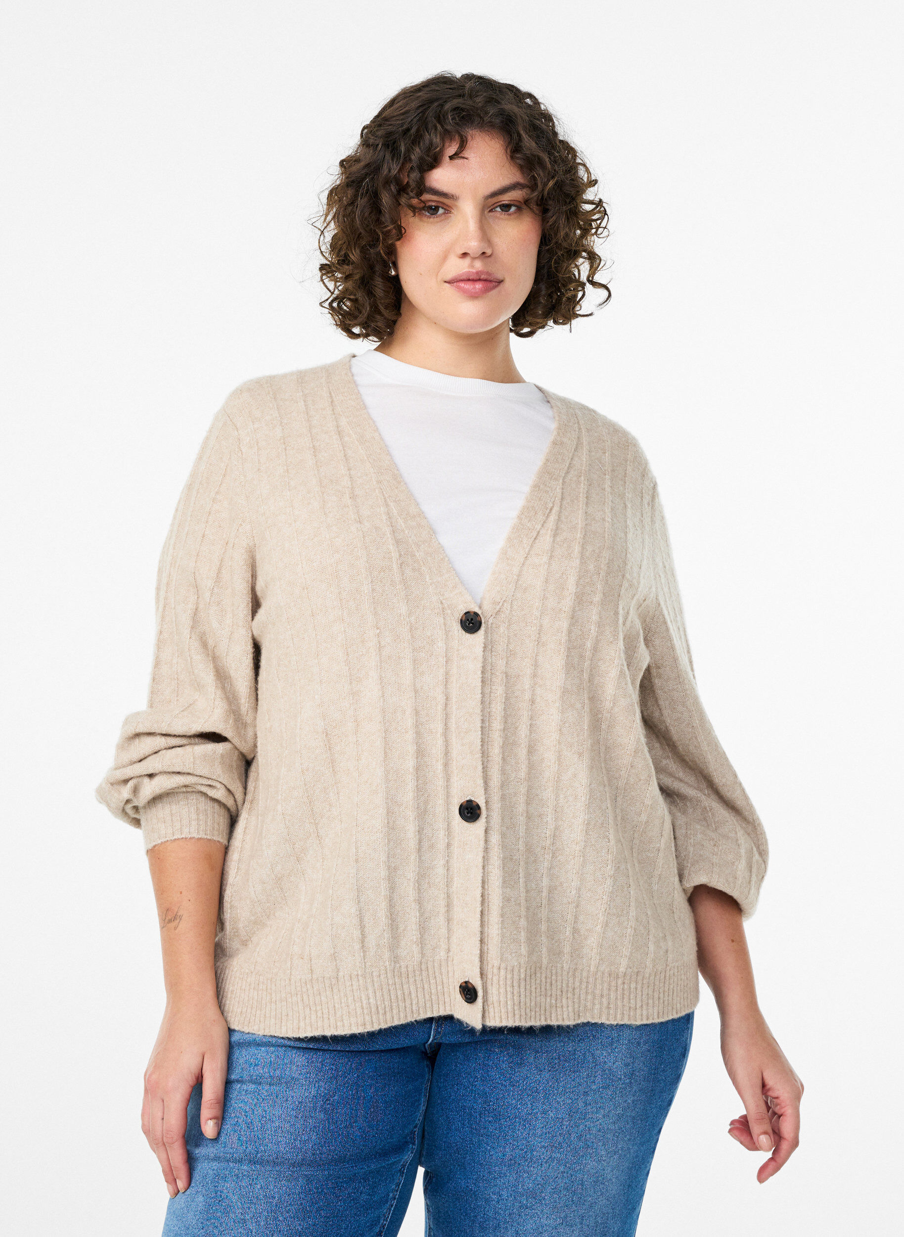 Cardigan &agrave; texture c&ocirc;tel&eacute;e avec manches ballon, Beige, Model