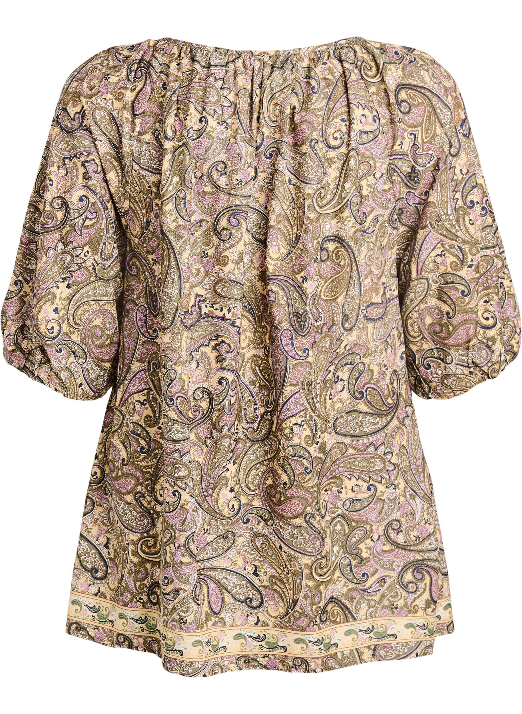 ZizziBlouse en viscose avec imprim&eacute; cachemire et lien &agrave; nouer, Jaune, Packshot image number 1