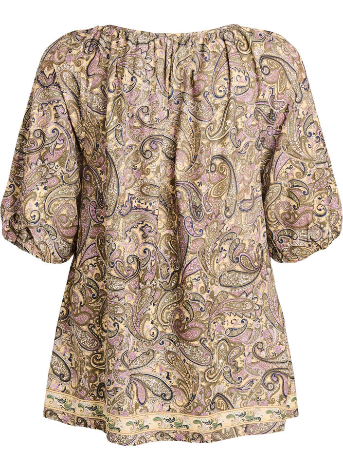 Blouse en viscose avec imprim&eacute; cachemire et lien &agrave; nouer, Jaune, Packshot image number 1
