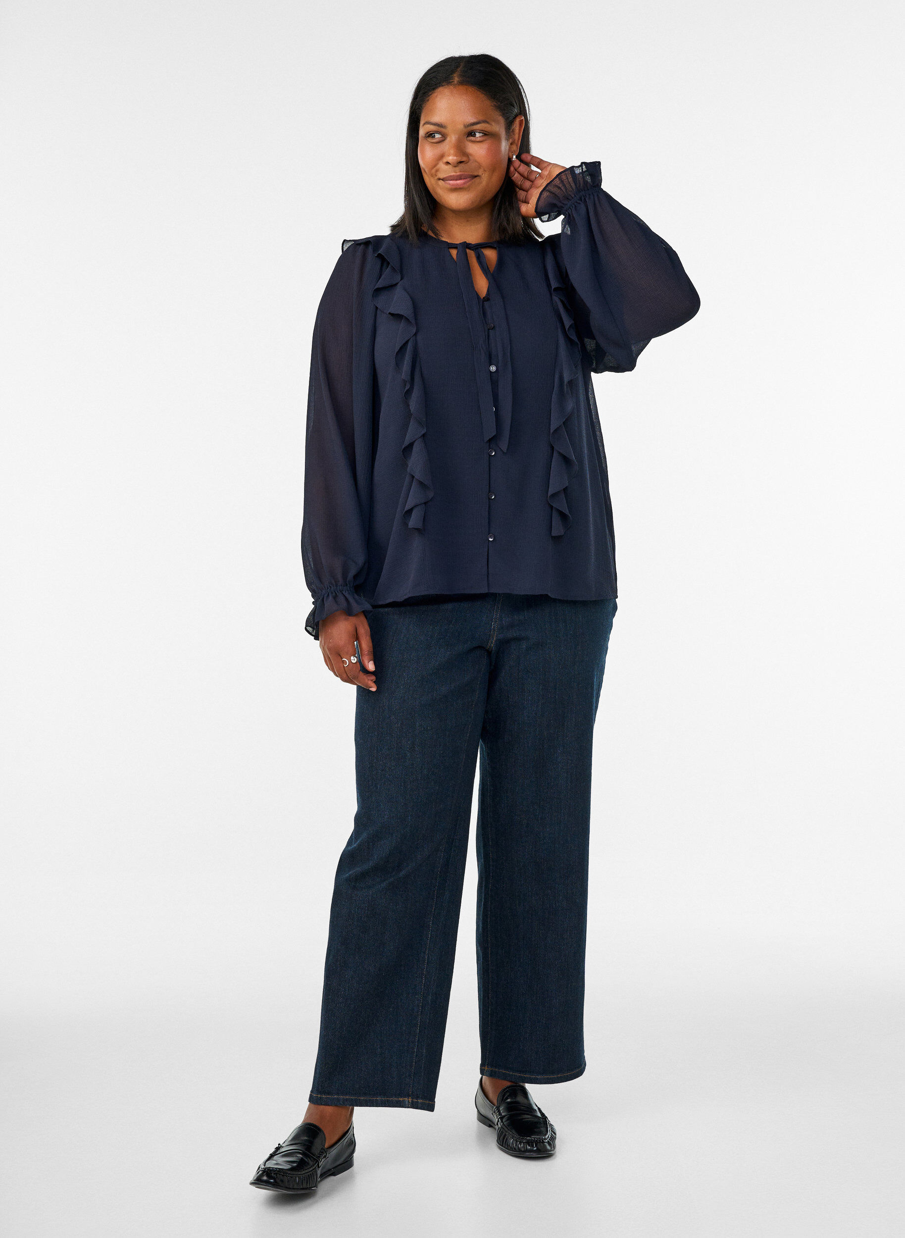 ZizziBlouse transparente avec volants et liens &agrave; nouer, Bleu, Model image number 1
