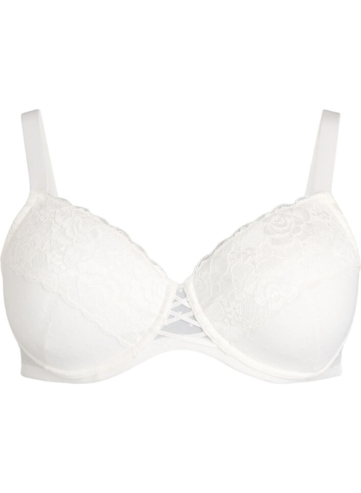 Soutien-gorge rembourr&eacute; en dentelle avec d&eacute;tails en maille, Blanc, Packshot image number 0
