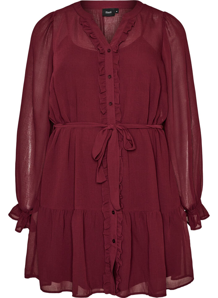 Robe en tissu tiss&eacute; l&eacute;ger avec des volants et une ceinture &agrave; nouer, Bordeaux, Packshot image number 0